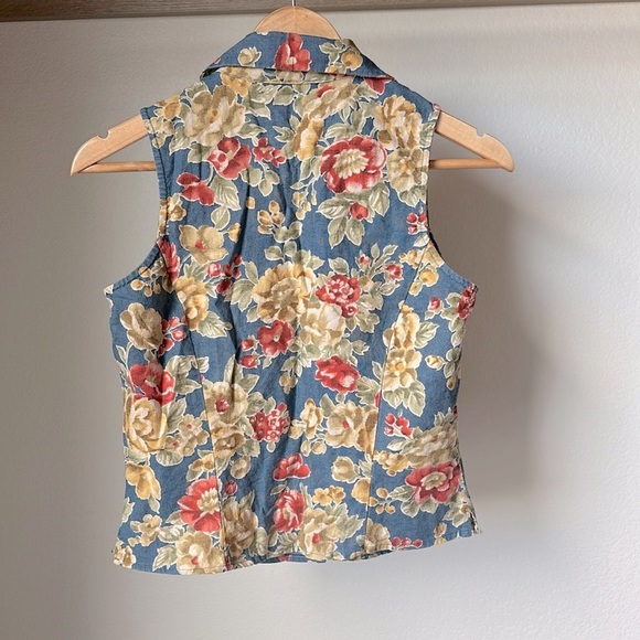 Vintage Bickett & Ingrish Linen Cotton Floral Sleeveless Collared Top 6 - Picture 3 of 9